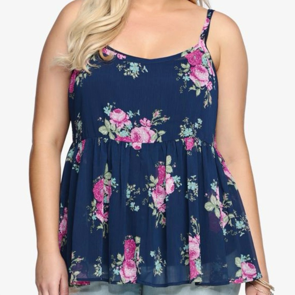 Torrid • 4 • Sheer Chiffon Babydoll Navy Floral Print Camisole Tank Top